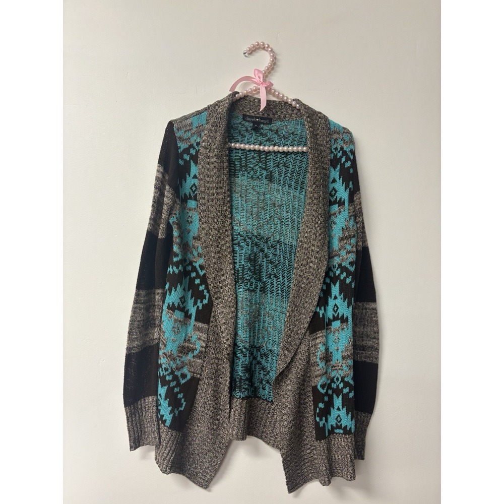 Derek Heart Womens Open Front Cardigan Brown Blue Aztec Geometric Striped Medium